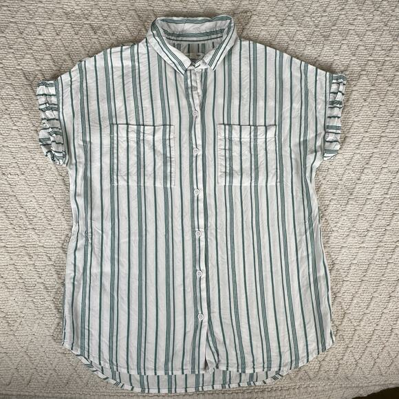 beach lunch lounge Button Up Cap Sleeve Top Womens Size M Green White Stripe - Picture 1 of 5